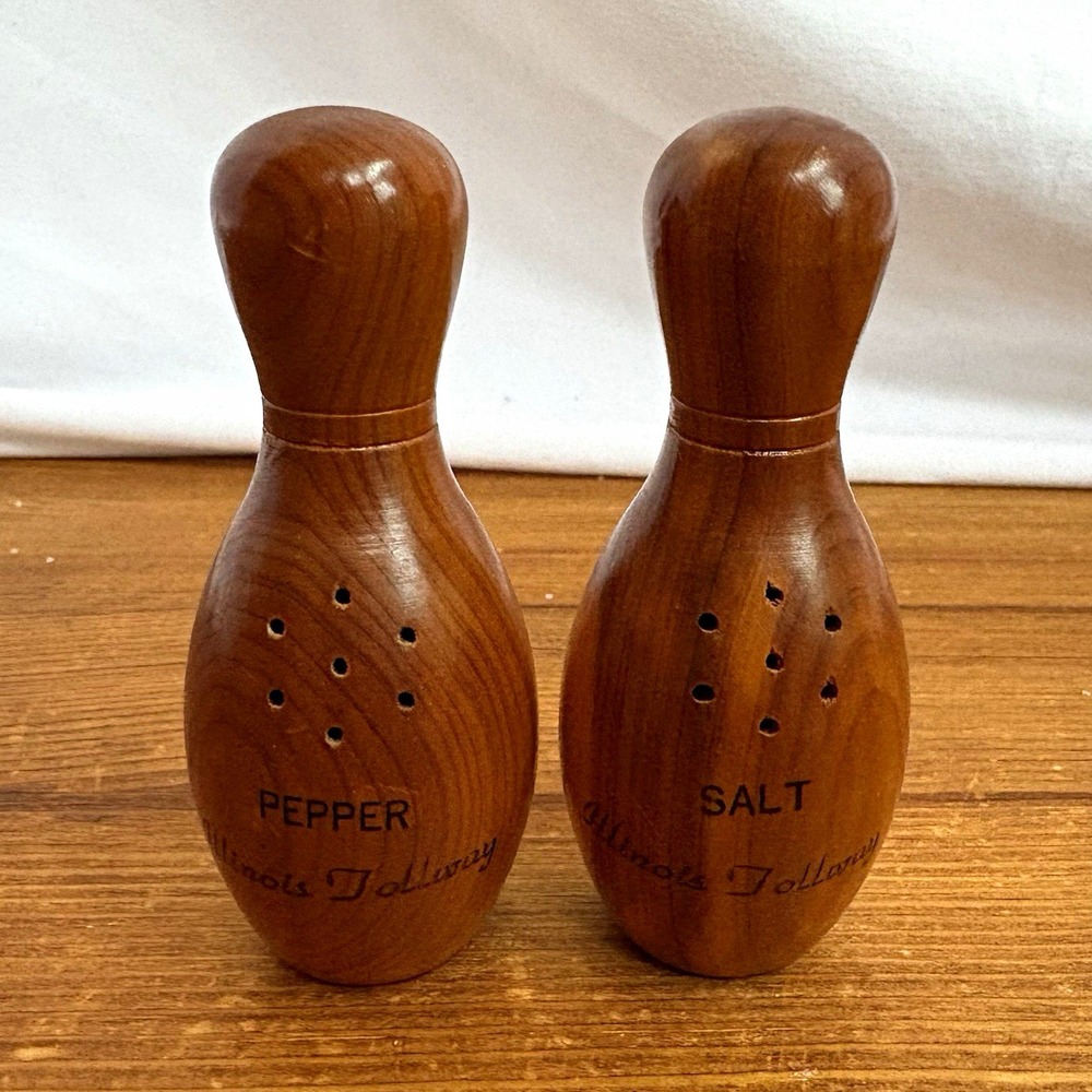 Wooden Bowling Pin Salt & Pepper Shakers Set 3.5" Brown Wood Grain Illinois Toll